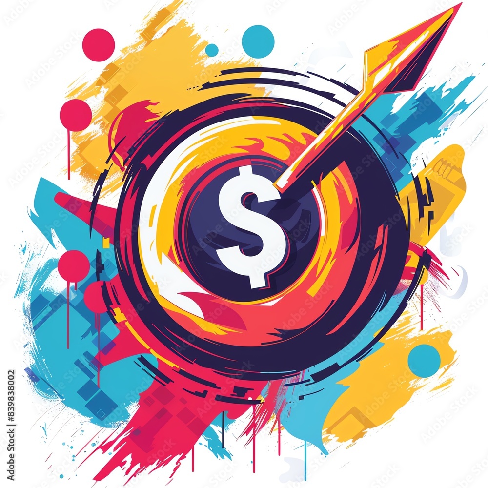 Fototapeta premium Abstract icon of a target with a dollar sign symbolizing business goals, dynamic and vibrant design
