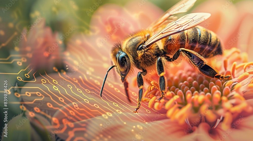Naklejka premium Digital Nature Fusion: Bee on Vibrant Flower with Subtle Circuit Lines Overlay