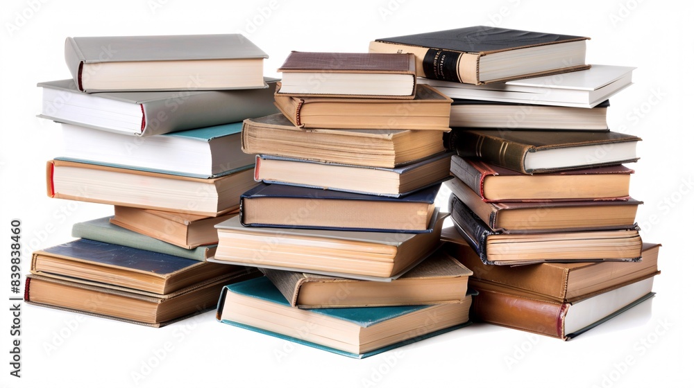 Stack of books arranged in a neat pile on a white background Stack of books arranged in a neat pile on a white background