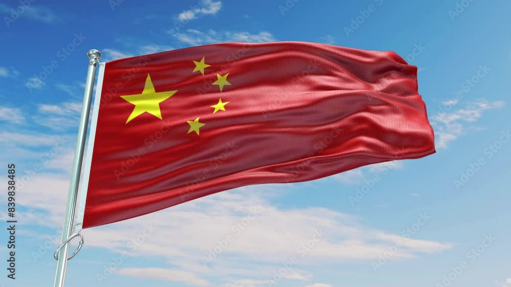 Closeup National Flag of the China Waving in the Wind, Under the Blue Sky Closeup National Flag of the China Waving in the Wind, Under the Blue Sky