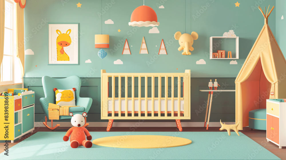 A bright nursery with a crib and a rocking chair in the corner A bright nursery with a crib and a rocking chair in the corner