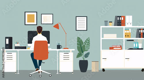 Flat vector illustration of a businesswoman working on a laptop at her desk in a modern office