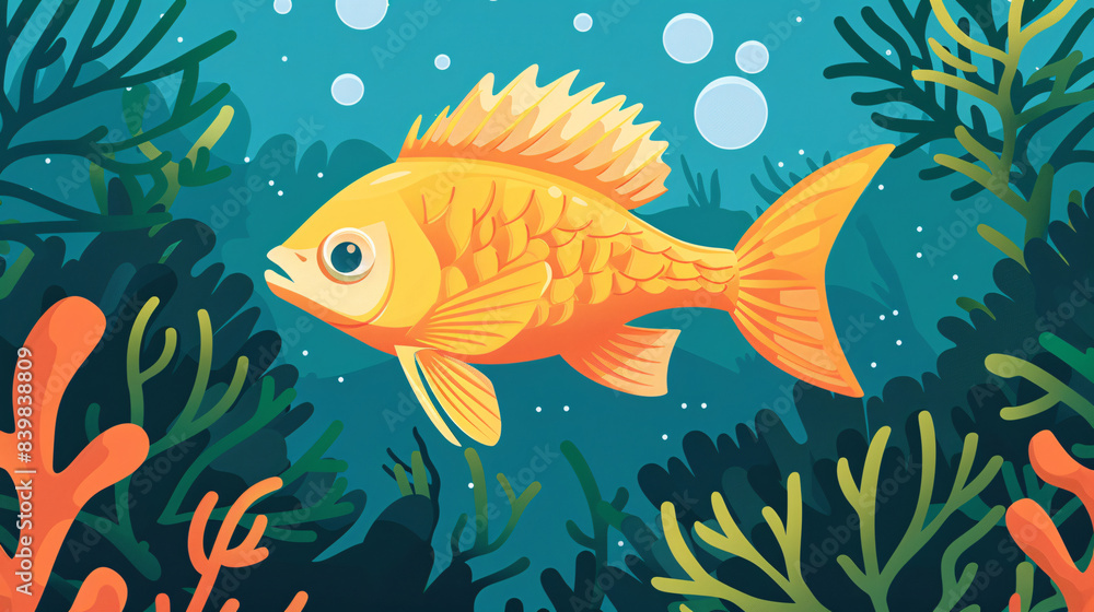 Cartoon goldfish swimming in a rectangular aquarium, unlike its wild cousins in the ocean Cartoon goldfish swimming in a rectangular aquarium, unlike its wild cousins in the ocean