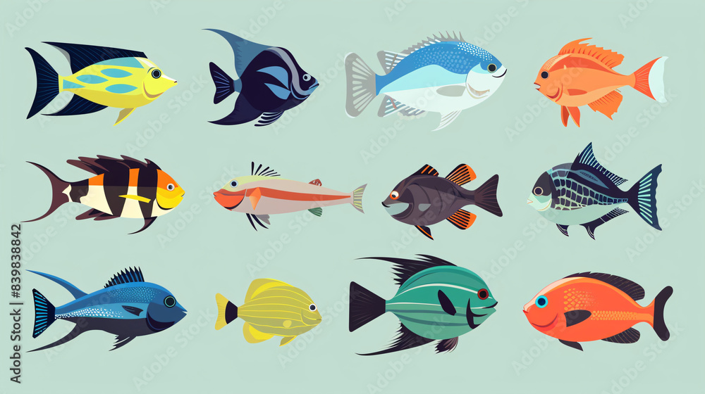 Fototapeta premium A playful collection of cartoon fish, dolphins and other sea creatures swimming in a seamless ocean pattern