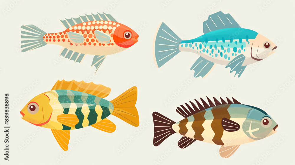 Fototapeta premium A colorful variety of fish like goldfish and perch swim in a clear aquarium