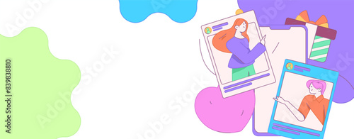 Virtual characters social communication concept business flat vector hand drawn illustration
