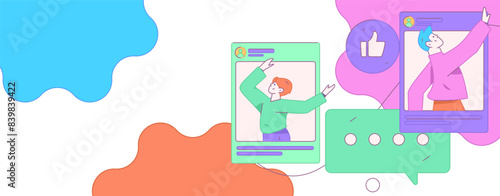 Virtual characters social communication concept business flat vector hand drawn illustration
