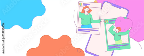 Virtual characters social communication concept business flat vector hand drawn illustration
