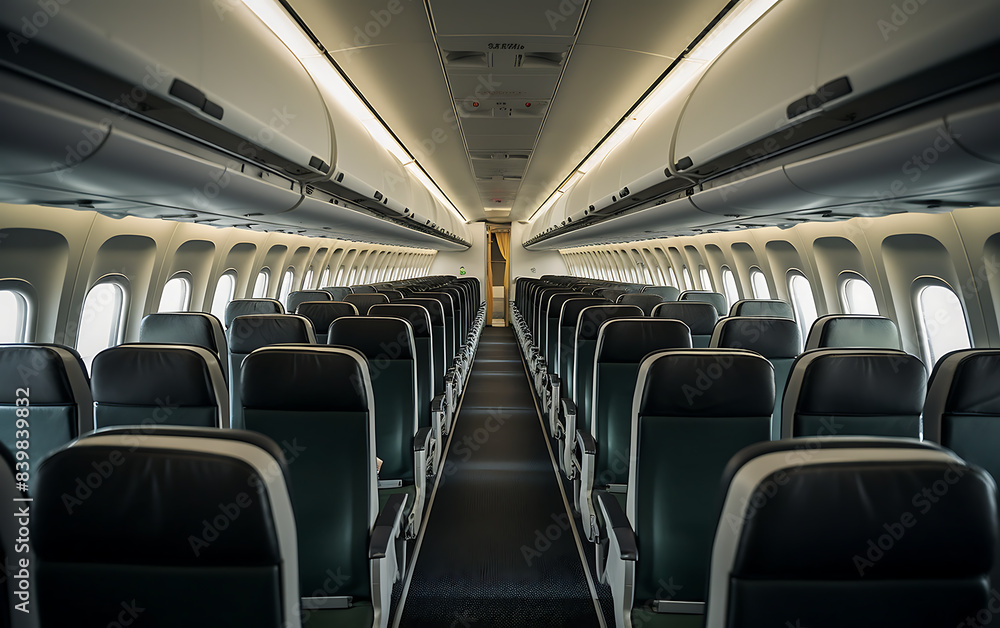 Fototapeta premium Interior of airplane with blue seats and white ceiling in blue tones