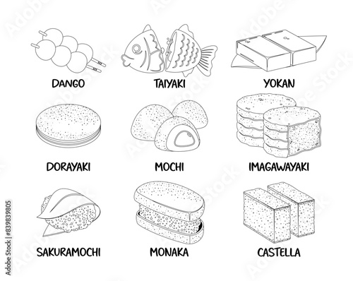 Black And White Vector Set Showcasing Various Traditional Japanese Sweets Such As Dango, Taiyaki, Yokan, Dorayaki