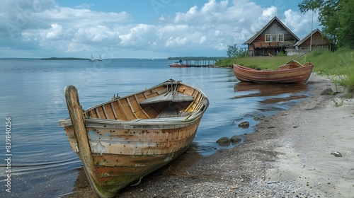 Russia Karelia Kizhi Island Boats on the shore of lake Onega