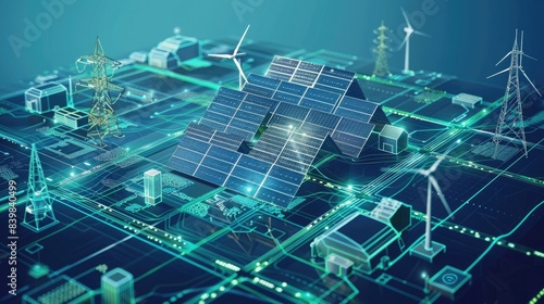 Futuristic renewable energy concept featuring solar panels, wind turbines, and smart grid technology interconnected in a digital landscape.
