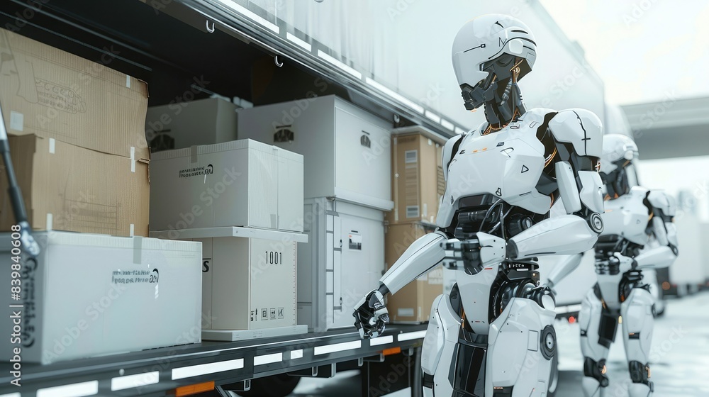 Robots loading boxes into a truck, showcasing futuristic automation and advanced robotics in logistics and transportation. Robots loading boxes into a truck, showcasing futuristic automation and advanced robotics in logistics and transportation.
