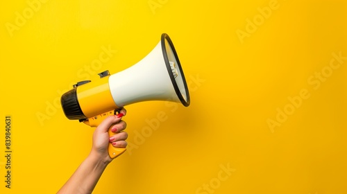 Hand holding megaphone on yellow background - Active communication, information spread, advertising, sales, marketing, public, message, presentation, speaker, event, news announcements - Wallpaper