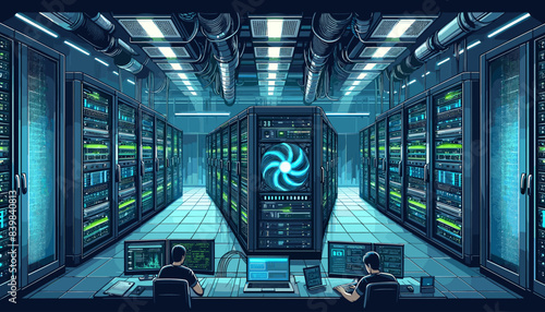 Conceptual image of a high-performance GPU performing a huge amount of calculations. Vector illustration.