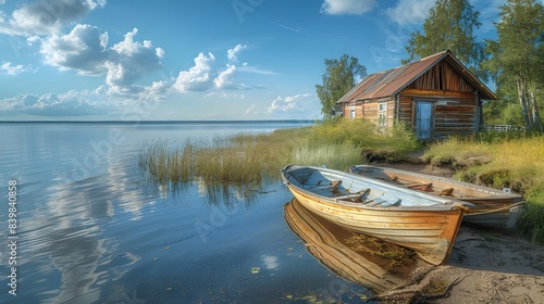 Russia Karelia Kizhi Island Boats on the shore of lake Onega photo