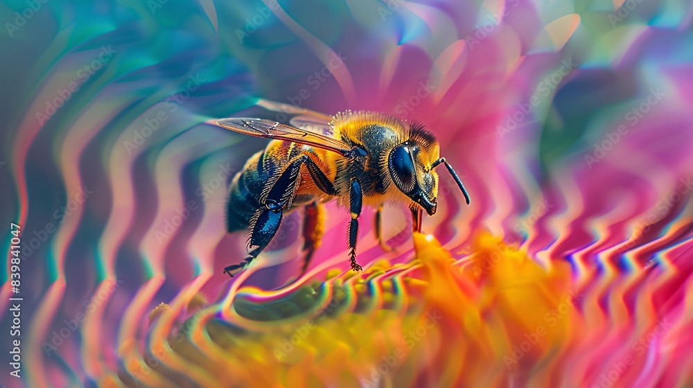 Busy Bee Pollinating Vibrant Flower with Digital Waveforms Background Busy Bee Pollinating Vibrant Flower with Digital Waveforms Background