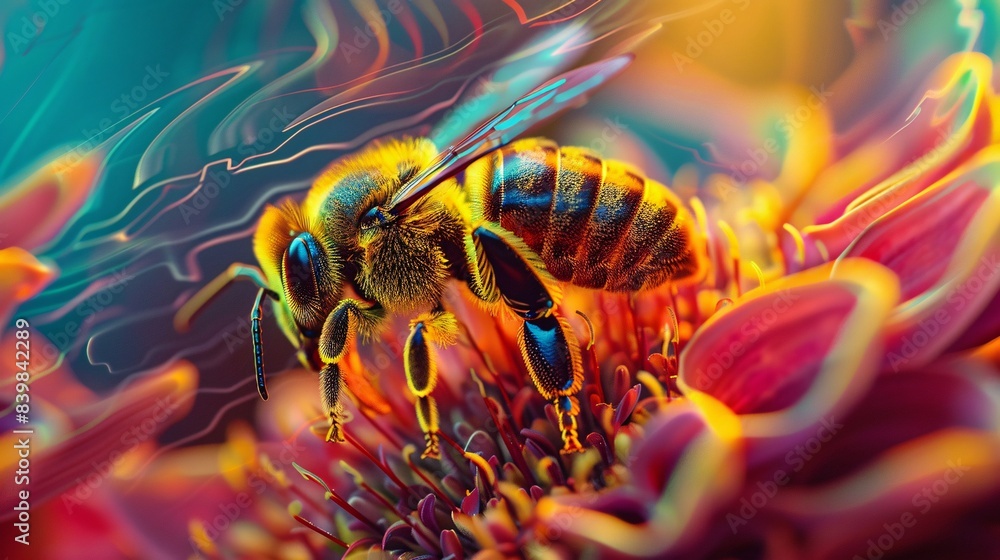 Enchanting Bee Pollinating on Colorful Flower with Subtle Technological Patterns in Nature Enchanting Bee Pollinating on Colorful Flower with Subtle Technological Patterns in Nature