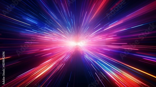 A colorful cosmic neon explosion with light rays streaks suggesting warp speed travel.