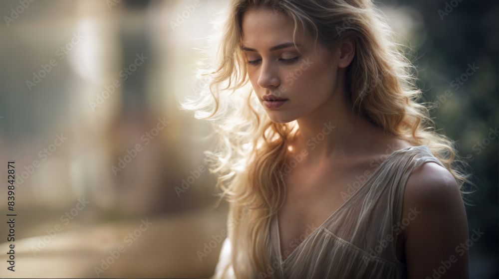 Candid portrait of a young woman standing outdoors and looking downward with a sad expression on her face. Copy space. Candid portrait of a young woman standing outdoors and looking downward with a sad expression on her face. Copy space.