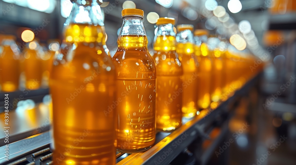 Conveyor line in a beverage manufacturing facility with rows of amber-colored glass bottles filled with liquid, illuminated by factory lights. Conveyor line in a beverage manufacturing facility with rows of amber-colored glass bottles filled with liquid, illuminated by factory lights.