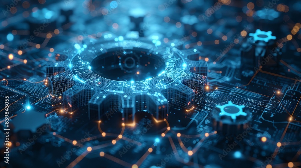 Obraz premium Futuristic digital circuit with glowing blue technology gear and electronic components, representing advanced tech and innovation.