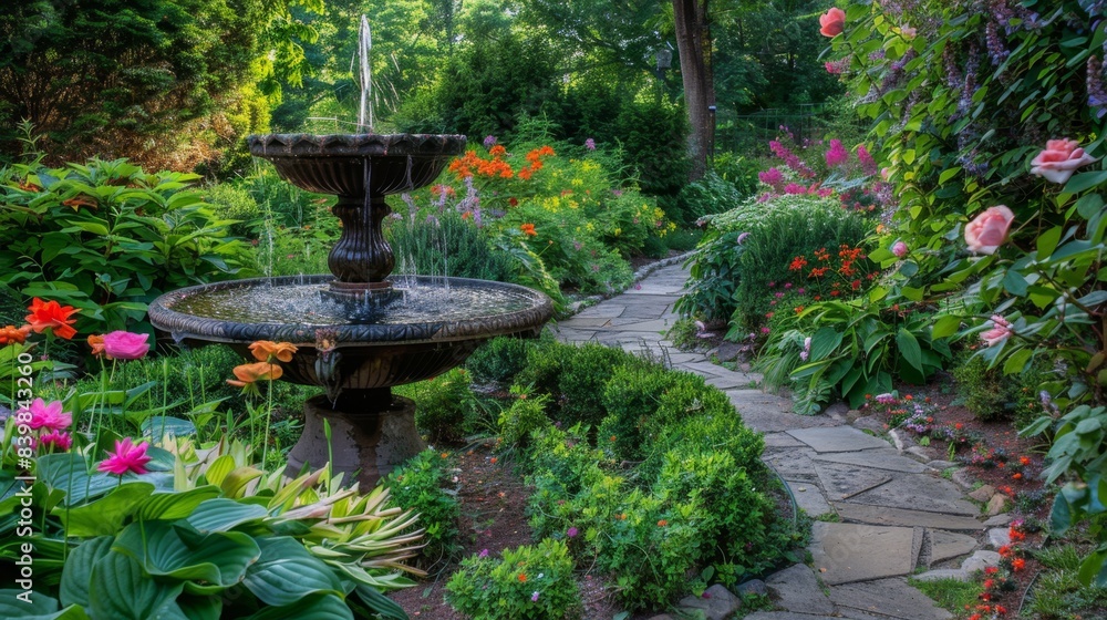 Serene Tranquility in a Lush Garden Oasis with Vibrant Flowers, Stone Path, and Fountain Serene Tranquility in a Lush Garden Oasis with Vibrant Flowers, Stone Path, and Fountain