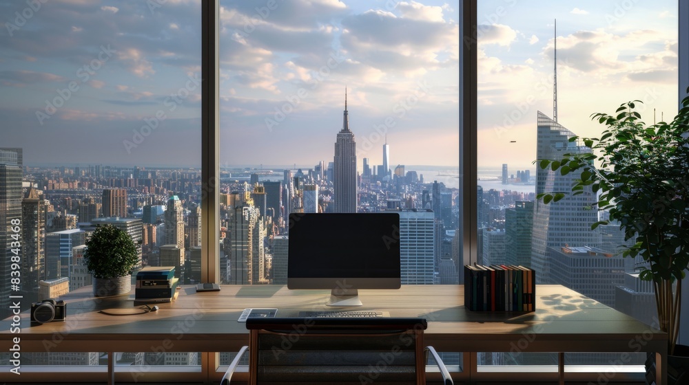 Modern Minimalist Home Office with Panoramic City Views - Concept of Productivity and Comfort