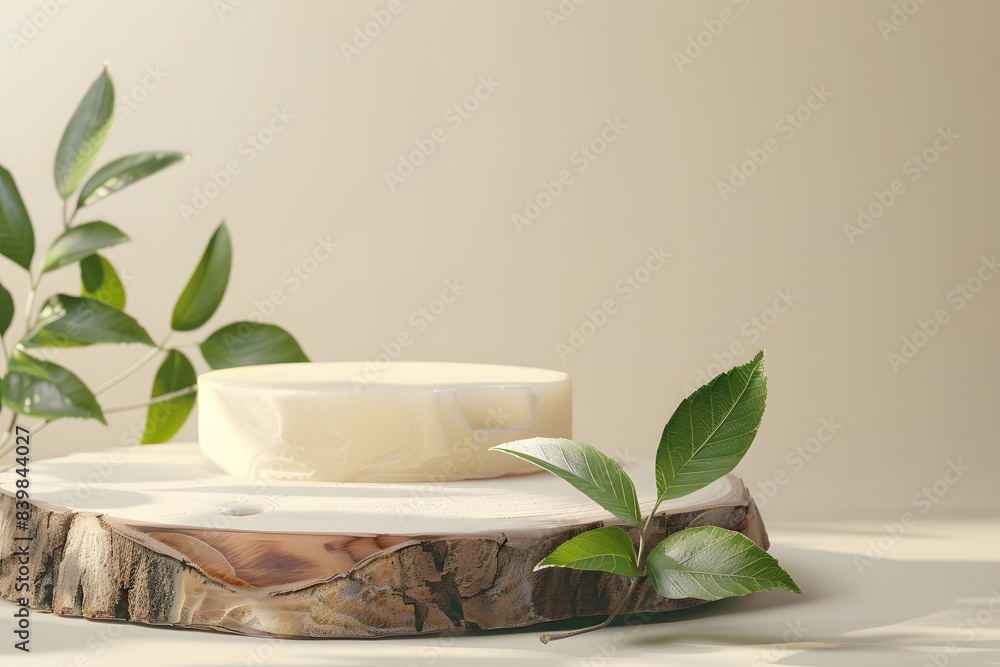 Minimal modern product display on neutral beige background. Wood slice podium and green leaves. Concept scene stage showcase for new product Minimal modern product display on neutral beige background. Wood slice podium and green leaves. Concept scene stage showcase for new product