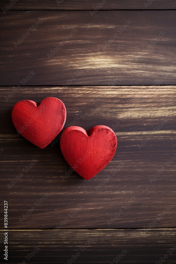 Two red hearts are placed on a wooden surface. Concept of love and affection Two red hearts are placed on a wooden surface. Concept of love and affection