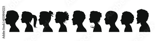 Group young people silhouettes. Profile silhouette faces boys and girls set