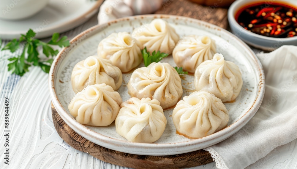 Dumpling or steamed dim sum is served on a glass plate ready to eat. Steamed shumai is a traditional Chinese menu Dumpling or steamed dim sum is served on a glass plate ready to eat. Steamed shumai is a traditional Chinese menu