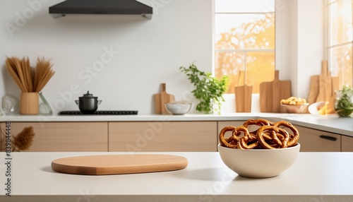 A bowl of pretzels on a modern kitchen counter