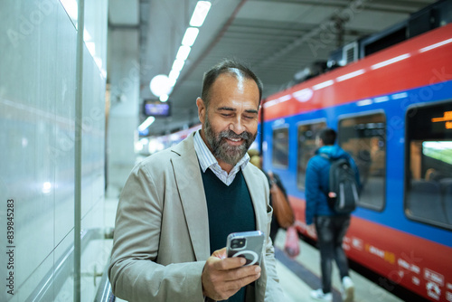 Businessman checking phone while walking through train station photo