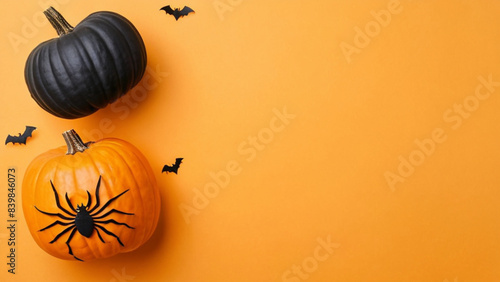 Halloween decorations made from pumpkin, paper bats and black spider on pastel orange background. Flat lay, top view with copy space for text.