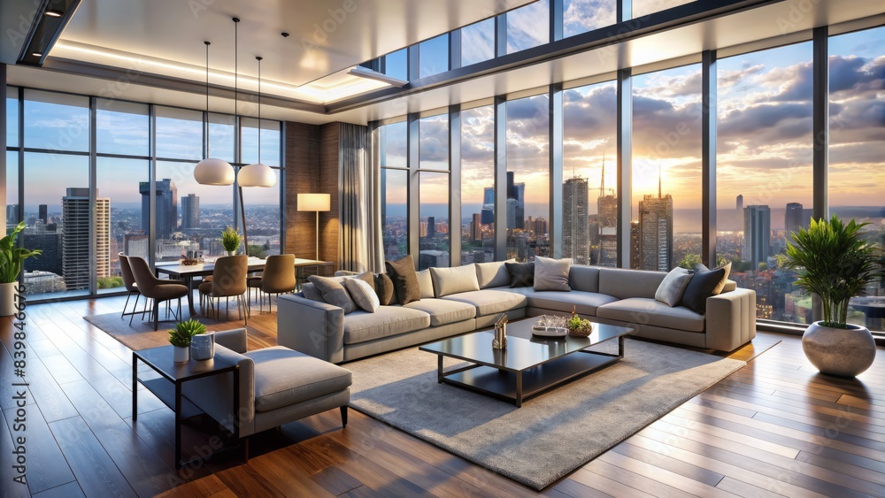 Luxurious modern open-plan living room with large windows, sleek furniture, and stunning city skyline view, perfect for showcasing upscale residential properties. Luxurious modern open-plan living room with large windows, sleek furniture, and stunning city skyline view, perfect for showcasing upscale residential properties.