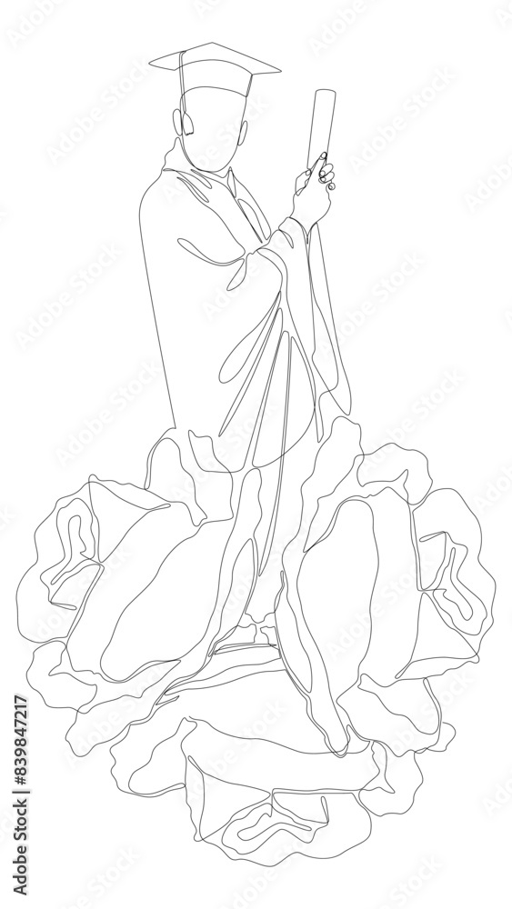 Fototapeta premium One continuous line of Graduation, man wearing Mortarboard with rose flowers. Thin Line Illustration vector concept. Contour Drawing Creative ideas.