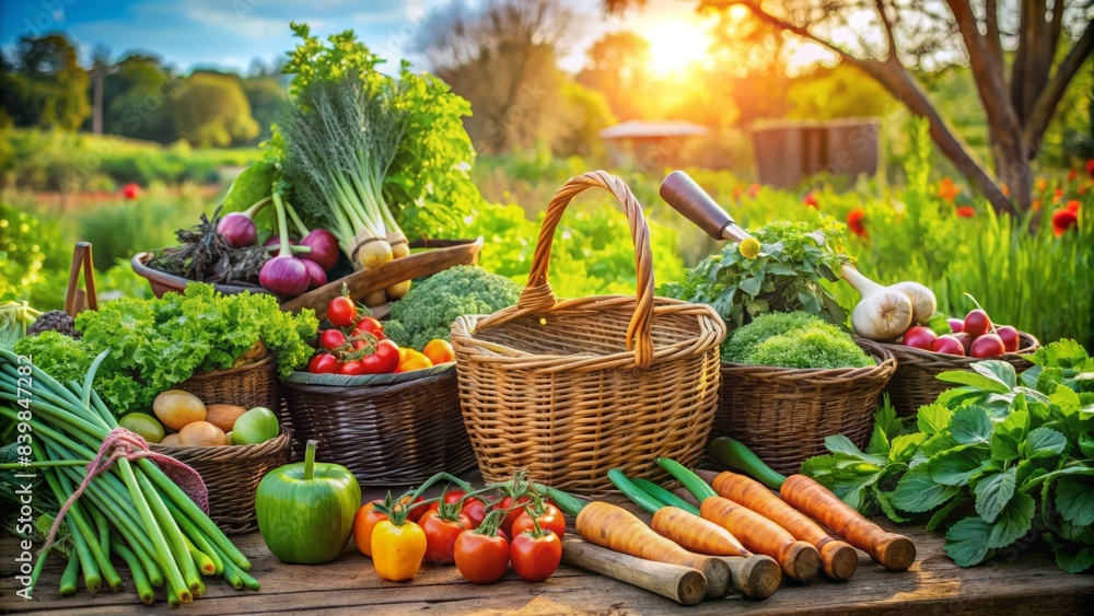 Vibrant vegetables and lush greenery fill the frame in a sprawling organic farm with rustic tools and baskets amidst a serene natural setting. Vibrant vegetables and lush greenery fill the frame in a sprawling organic farm with rustic tools and baskets amidst a serene natural setting.