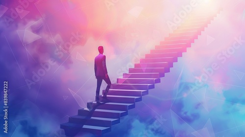 Step to success, improvement, challenge or career growth development, leadership progress, career path direction or stairway to win business concept, businessman walk up arrow stair for victory
