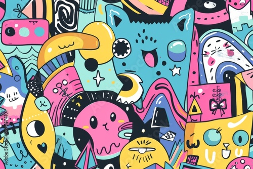 Cartoon cute doodles of geometric shapes and colorful patterns with playful faces, Generative AI