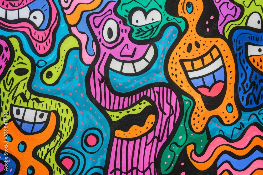 Cartoon cute doodles of playful zigzags and dots with cheerful faces, Generative AI. Cartoon cute doodles of playful zigzags and dots with cheerful faces, Generative AI.