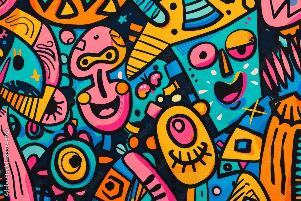 Cartoon cute doodles of vibrant patterns with geometric shapes and smiling characters, Generative AI Cartoon cute doodles of vibrant patterns with geometric shapes and smiling characters, Generative AI