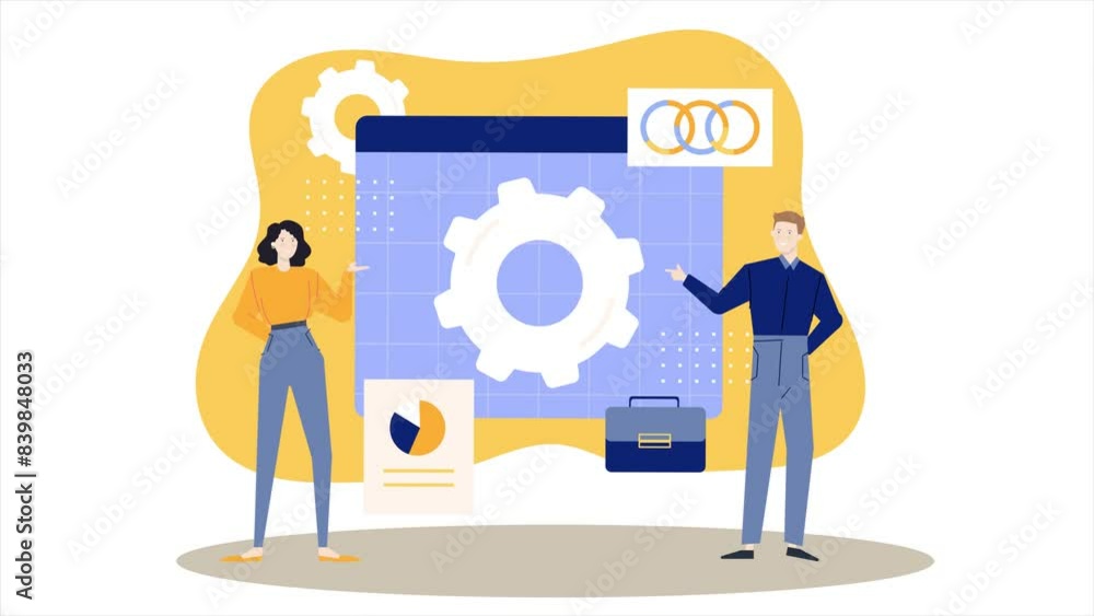 business activity concept with man and woman presentation. animated illustration video business activity concept with man and woman presentation. animated illustration video