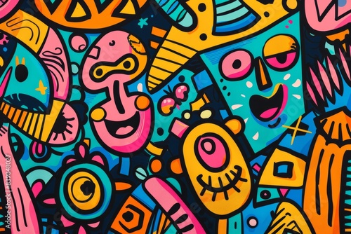 Cartoon cute doodles of vibrant patterns with geometric shapes and smiling characters, Generative AI