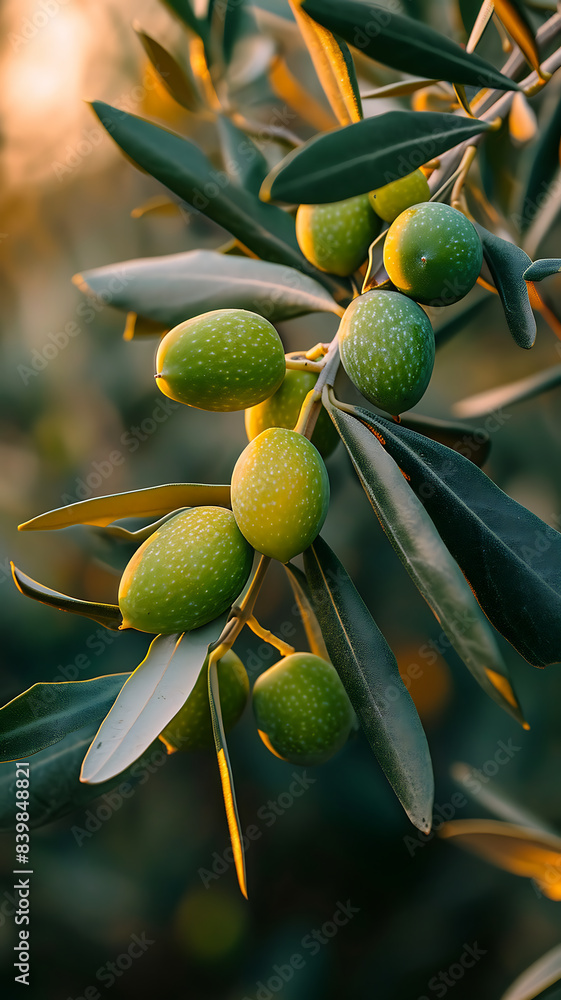 Green olives on olive tree branch in olive grove at sunset Green olives on olive tree branch in olive grove at sunset