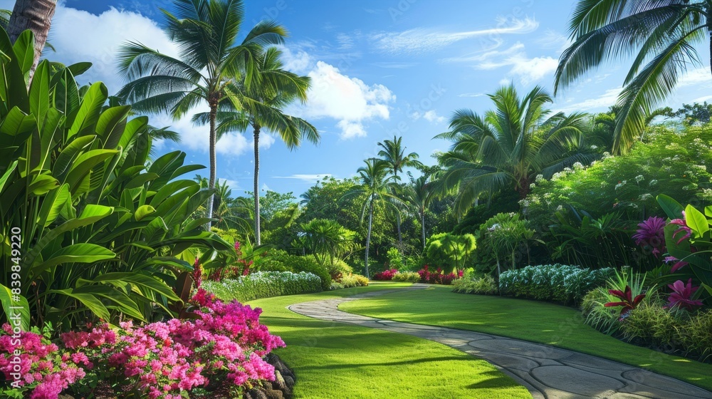 Serene Tropical Garden Oasis with Vibrant Flowers and Palm Trees Serene Tropical Garden Oasis with Vibrant Flowers and Palm Trees