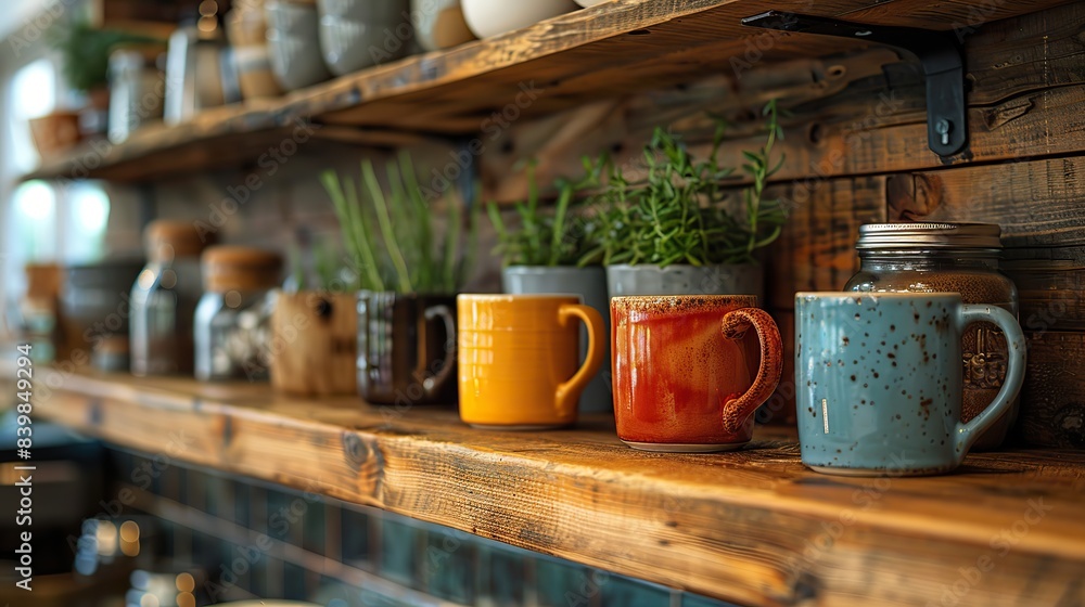 Close-up of a kitchen with a row of hanging mugs on hooks. Close-up of a kitchen with a row of hanging mugs on hooks.