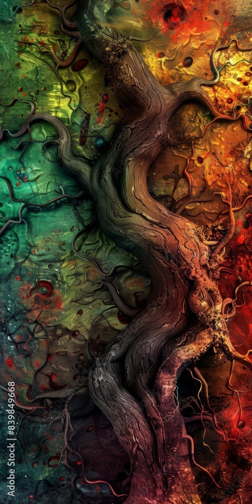 This AI generated image features an abstract tree with twisted, intricate branches against a multicolored background in shades of green, yellow, and red, creating a visually captivating scene. This AI generated image features an abstract tree with twisted, intricate branches against a multicolored background in shades of green, yellow, and red, creating a visually captivating scene.