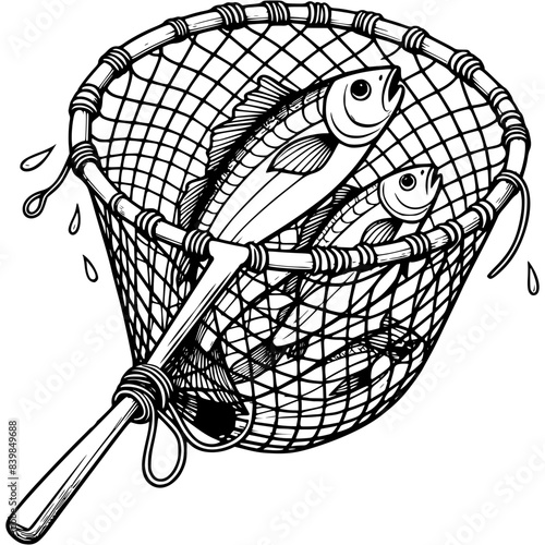 Fish caught in net in monochrome. Fishing equipment for catching. Simple minimalistic vector in black ink drawing on transparent background