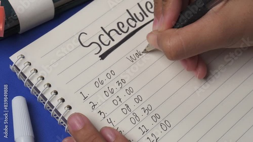 top view panning shot of write a daily activity schedule in a book